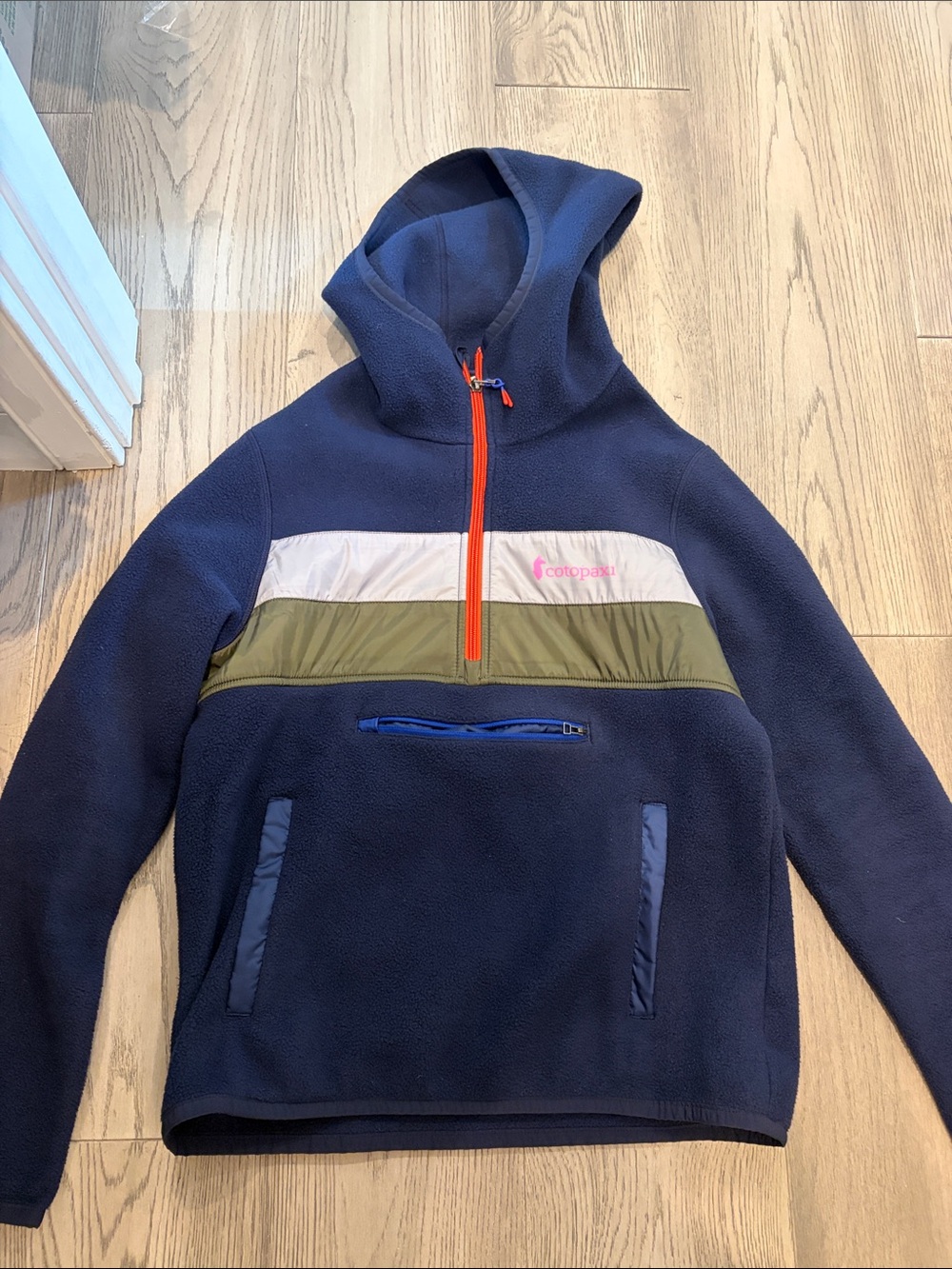 cotopaxi Navy Fleece Pullover with Olive & White Panels and Orange Zipper